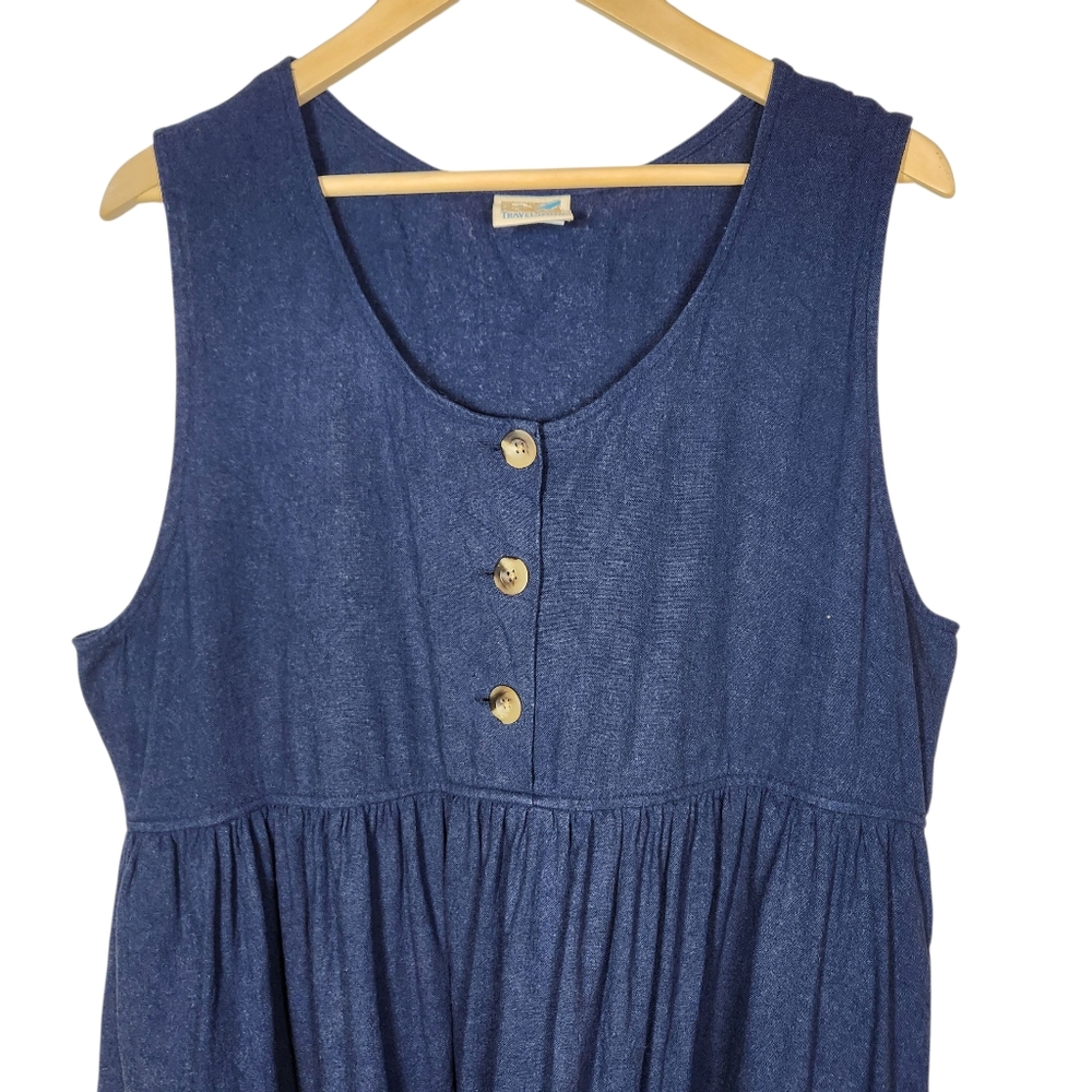 Vintage 90s Cottagecore Blue Sleeveless Dress Jumper Linen Pinafore Grandma L - Picture 2 of 13